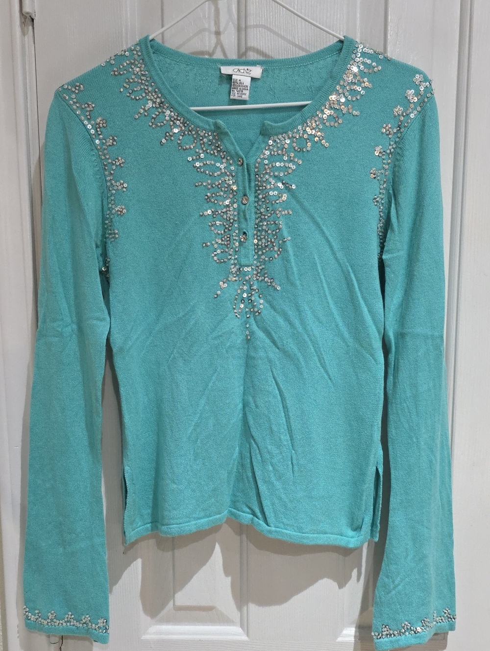 Cachè  Women's Teal Embellished Long-Sleeve Sweater Silk /cashmere Blend Size M